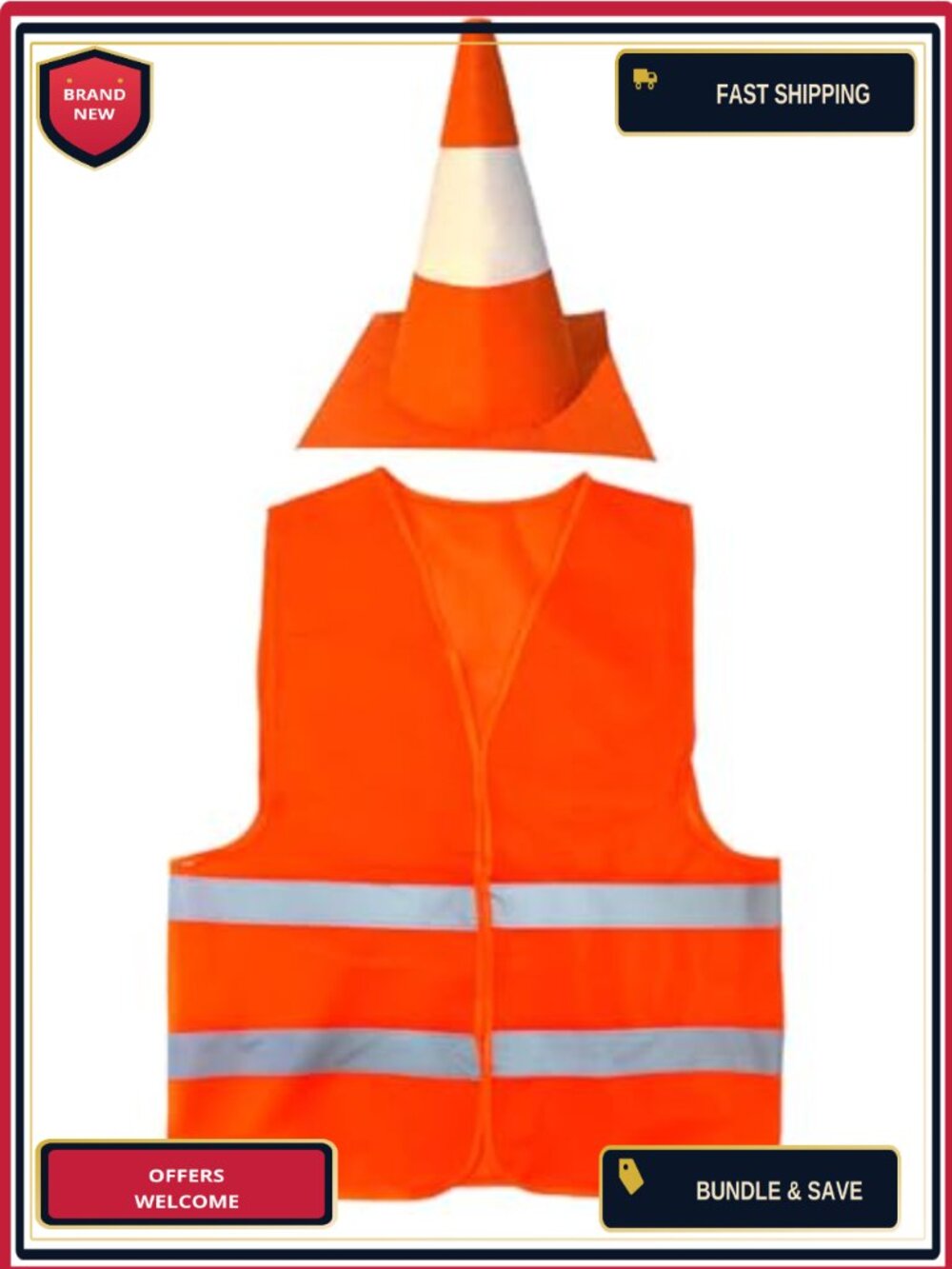 2Pc Traffic Cone Costume Felt Hat Reflective Vest Halloween Party Adult
